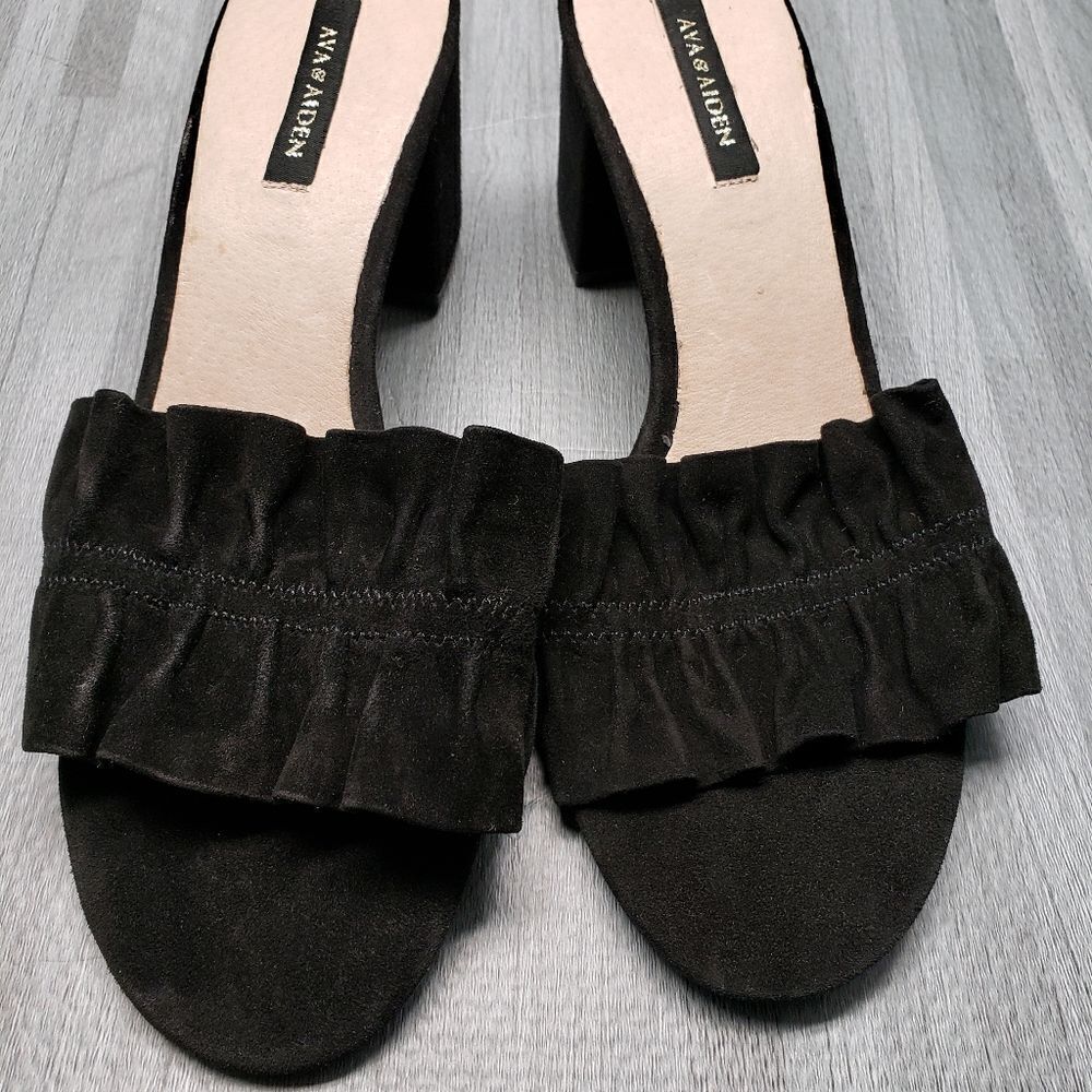 Ava & Aiden Ruffle Suede Mid Heel Sandal